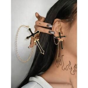 1x Gothic Black Cross Gold Chain Earring – Punk Rock Ear Cuff Jewelry